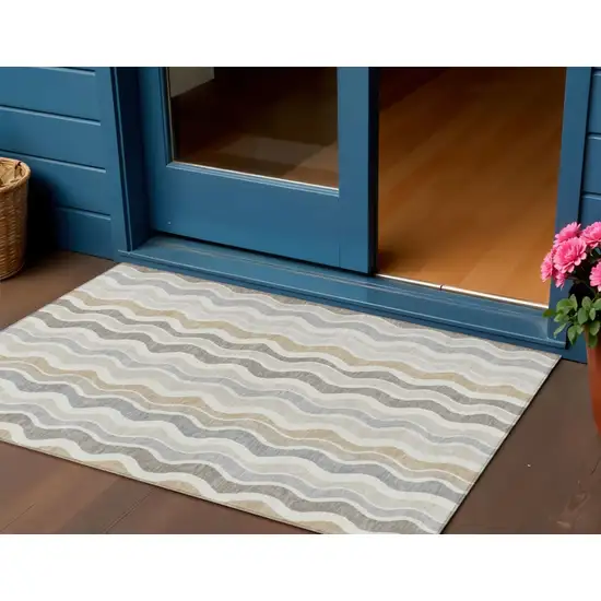 Ivory Khaki And Beige Striped Washable Indoor Outdoor Area Rug Photo 1