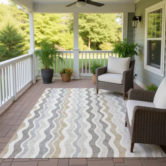 Ivory Khaki And Beige Striped Washable Indoor Outdoor Area Rug Photo 9