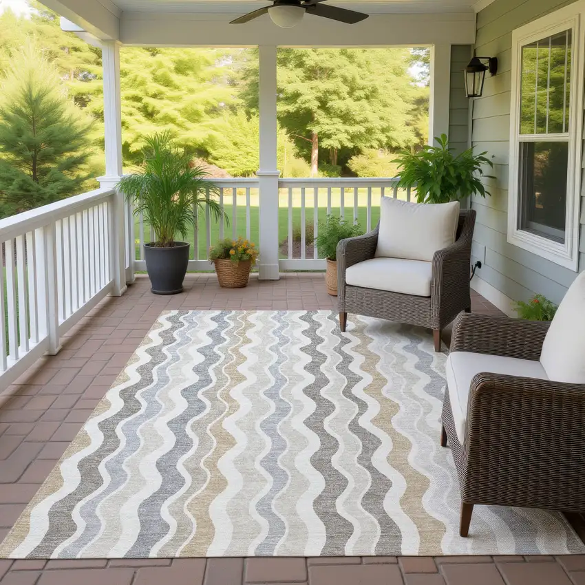 Ivory Khaki And Beige Striped Washable Indoor Outdoor Area Rug Photo 9
