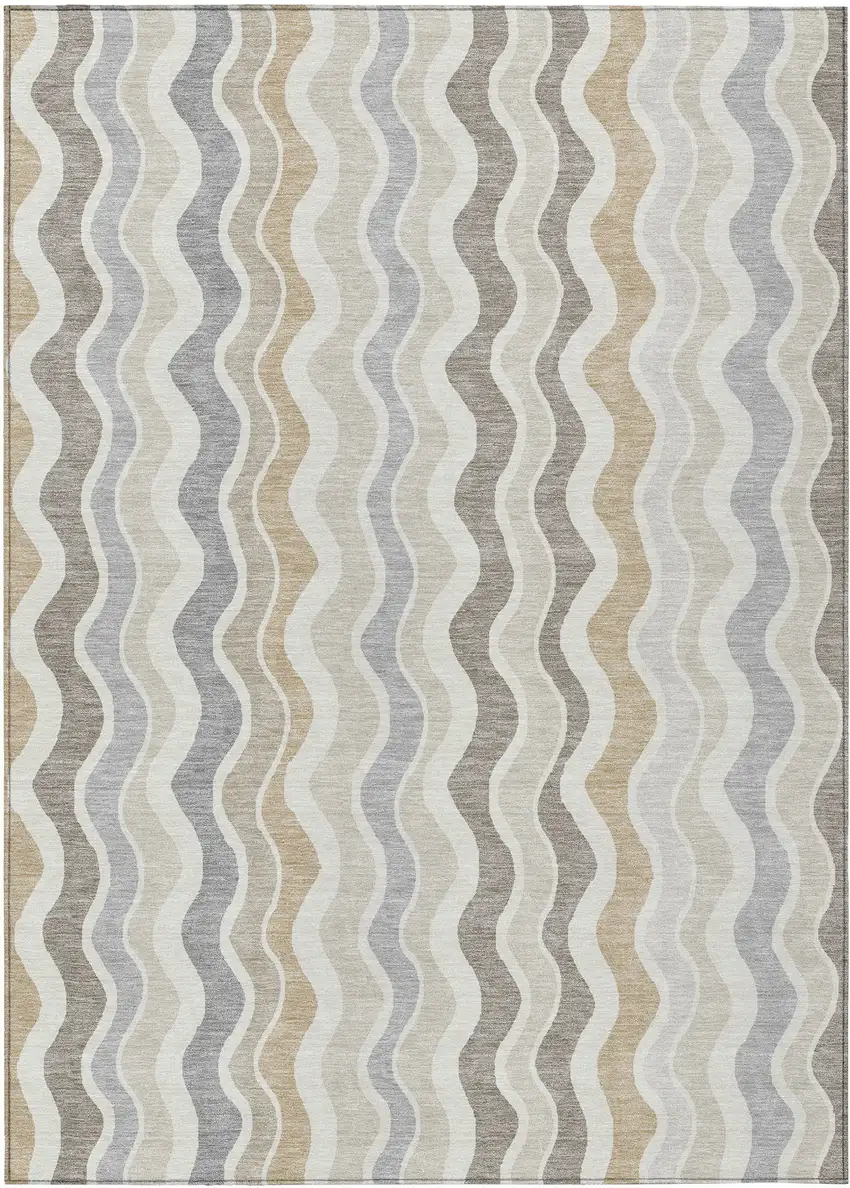 Ivory Khaki And Beige Striped Washable Indoor Outdoor Area Rug Photo 2