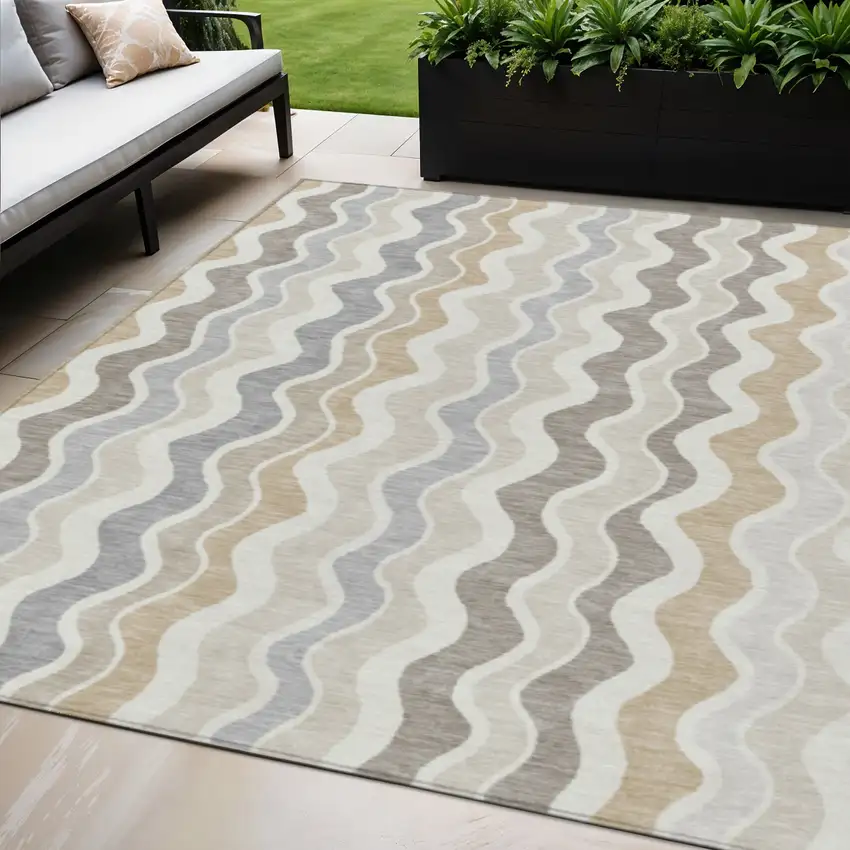 Ivory Khaki And Beige Striped Washable Indoor Outdoor Area Rug Photo 1