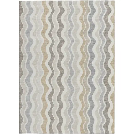 Ivory Khaki And Beige Striped Washable Indoor Outdoor Area Rug Photo 4