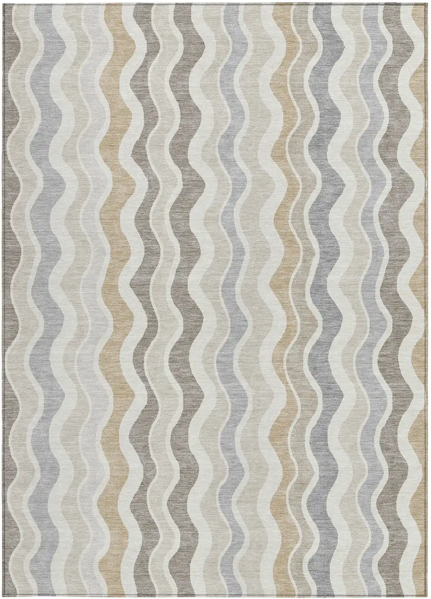 Ivory Khaki And Beige Striped Washable Indoor Outdoor Area Rug Photo 4