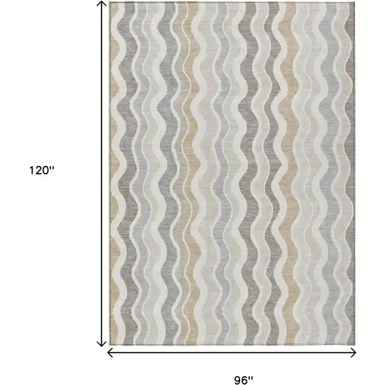 Ivory Khaki And Beige Striped Washable Indoor Outdoor Area Rug Photo 3