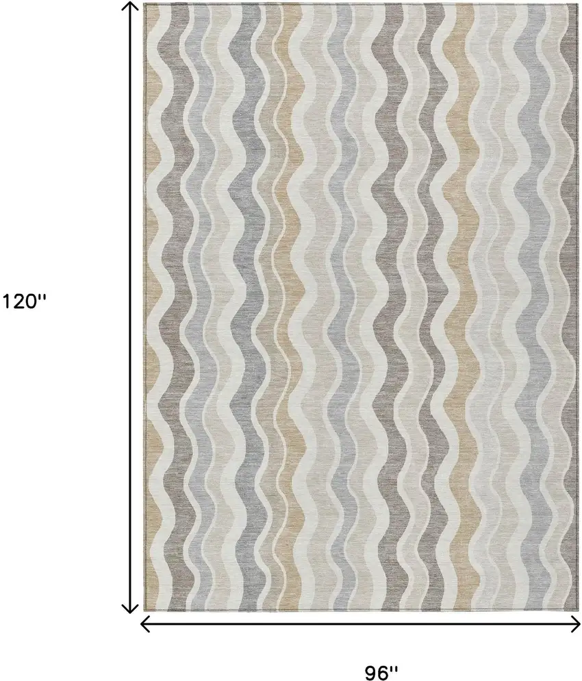Ivory Khaki And Beige Striped Washable Indoor Outdoor Area Rug Photo 3