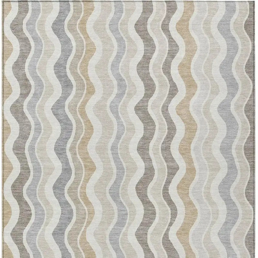 Ivory Khaki And Beige Striped Washable Indoor Outdoor Area Rug Photo 6