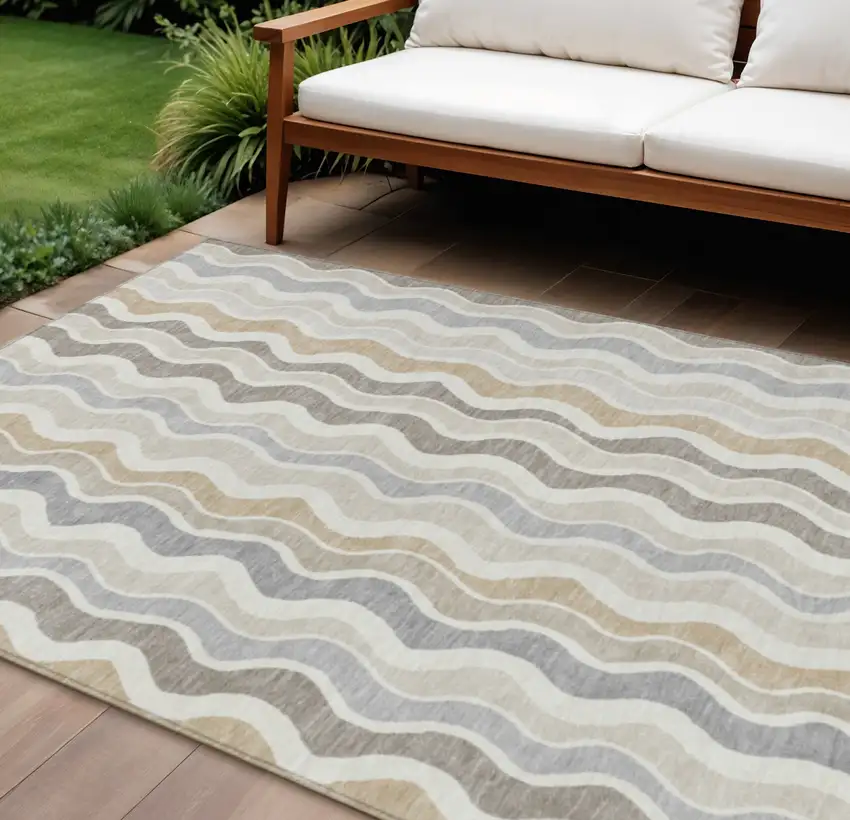 Ivory Khaki And Beige Striped Washable Indoor Outdoor Area Rug Photo 1