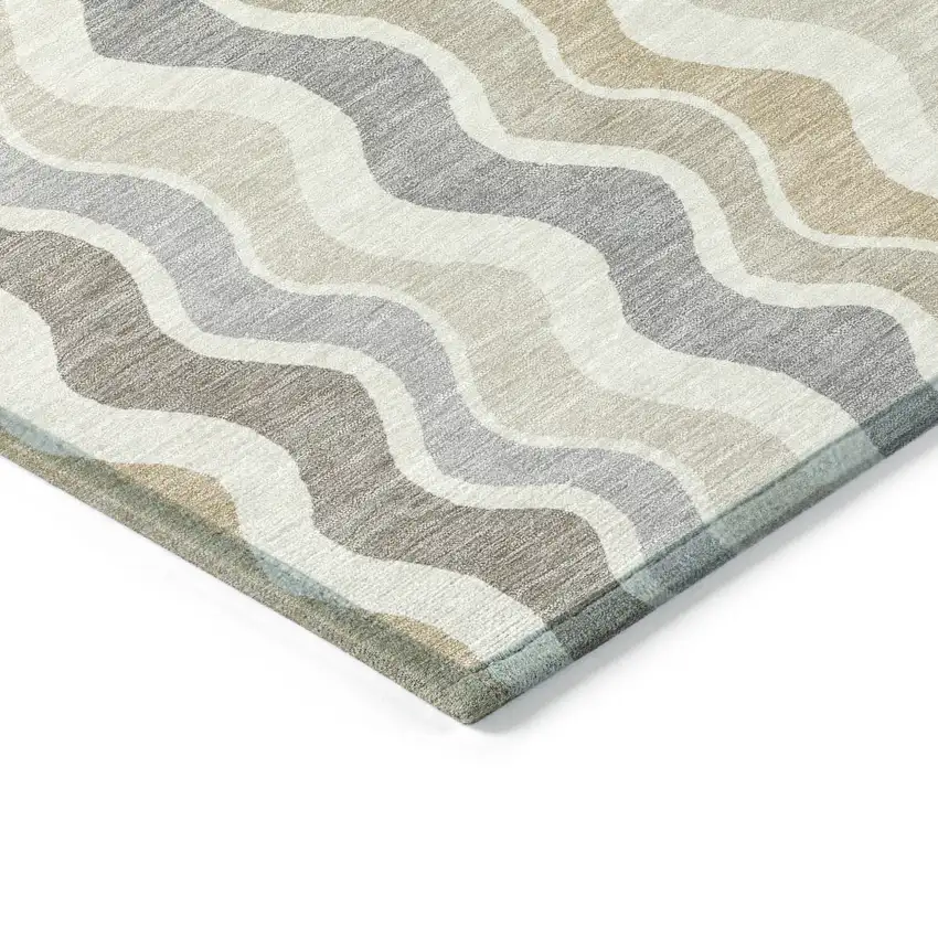 Ivory Khaki And Beige Striped Washable Indoor Outdoor Area Rug Photo 5