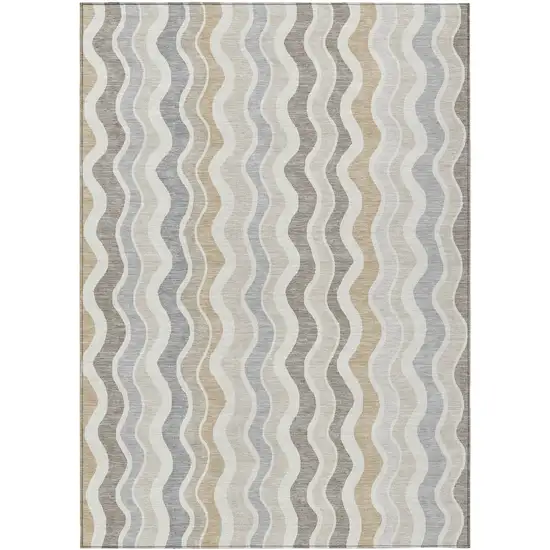 Ivory Khaki And Beige Striped Washable Indoor Outdoor Area Rug Photo 2