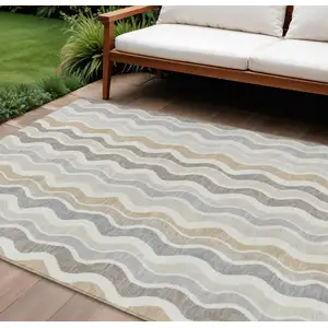 Photo of Ivory Khaki And Beige Striped Washable Indoor Outdoor Area Rug