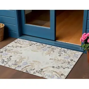 Photo of Ivory Khaki And Gray Floral Washable Indoor Outdoor Area Rug