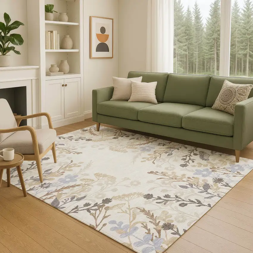 Ivory Khaki And Gray Floral Washable Indoor Outdoor Area Rug Photo 9