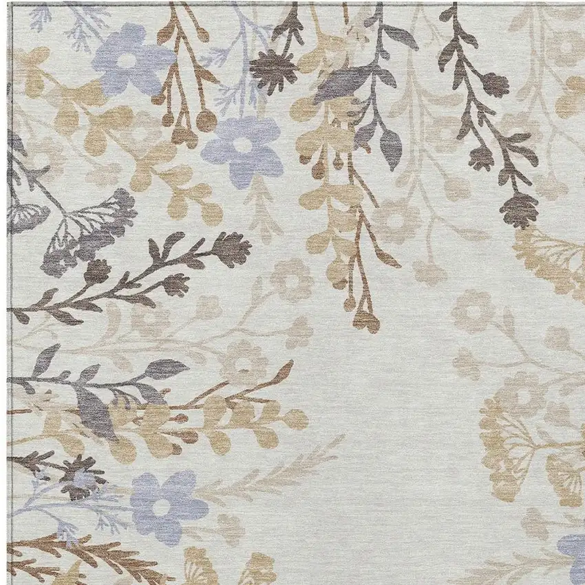 Ivory Khaki And Gray Floral Washable Indoor Outdoor Area Rug Photo 4