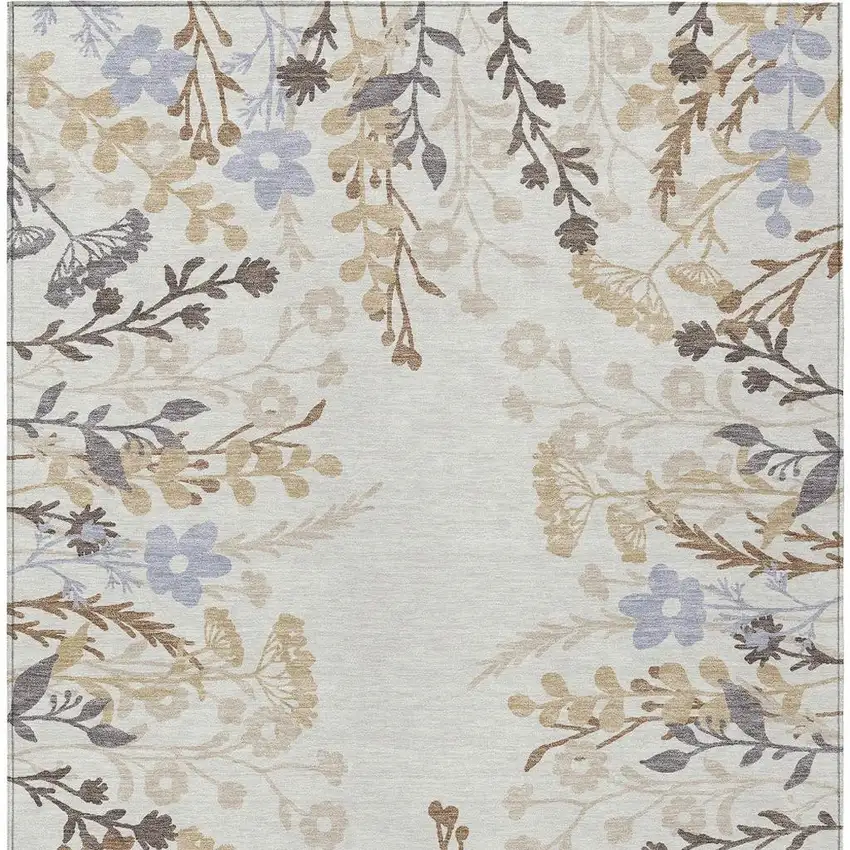 Ivory Khaki And Gray Floral Washable Indoor Outdoor Area Rug Photo 4