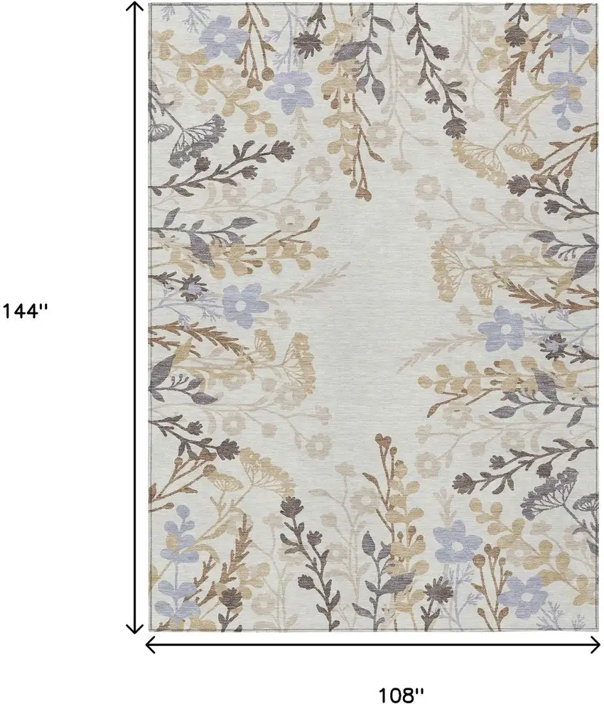 Ivory Khaki And Gray Floral Washable Indoor Outdoor Area Rug Photo 3