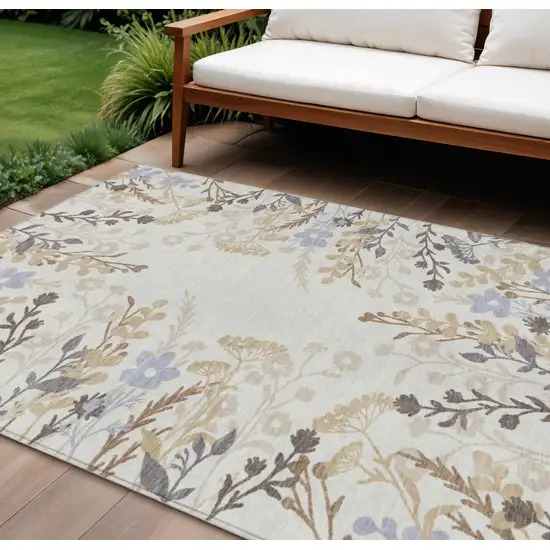 Ivory Khaki And Gray Floral Washable Indoor Outdoor Area Rug Photo 1