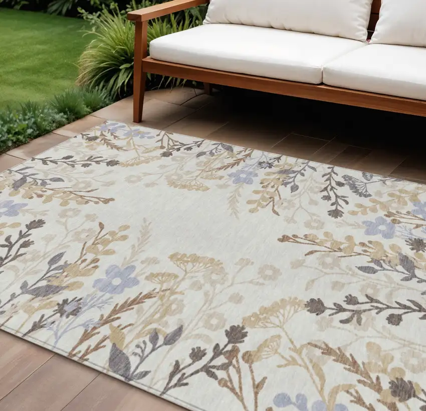 Ivory Khaki And Gray Floral Washable Indoor Outdoor Area Rug Photo 1