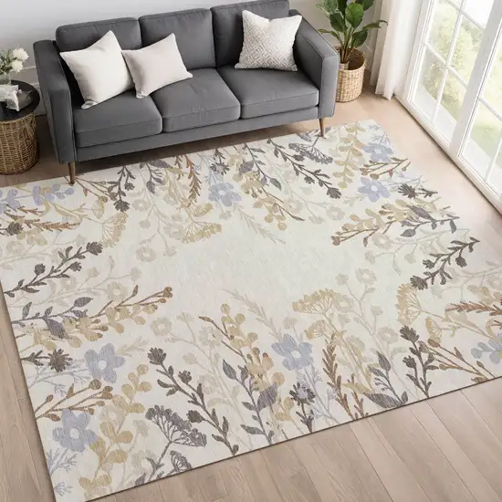Ivory Khaki And Gray Floral Washable Indoor Outdoor Area Rug Photo 9