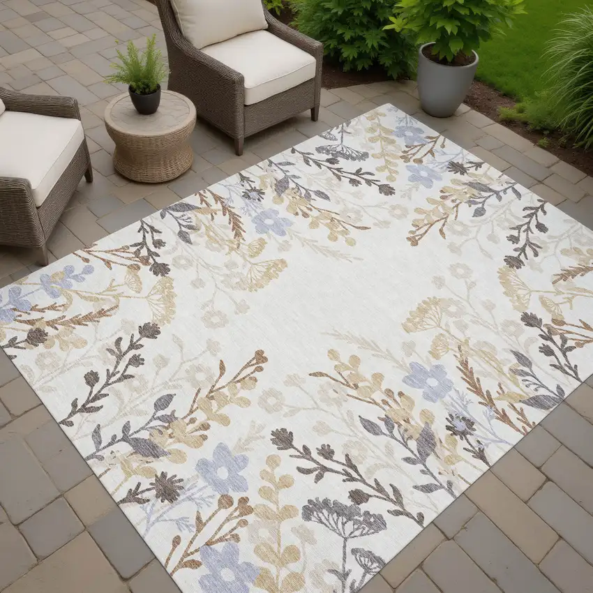 Ivory Khaki And Gray Floral Washable Indoor Outdoor Area Rug Photo 7