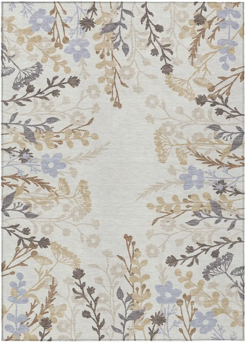 Ivory Khaki And Gray Floral Washable Indoor Outdoor Area Rug Photo 2