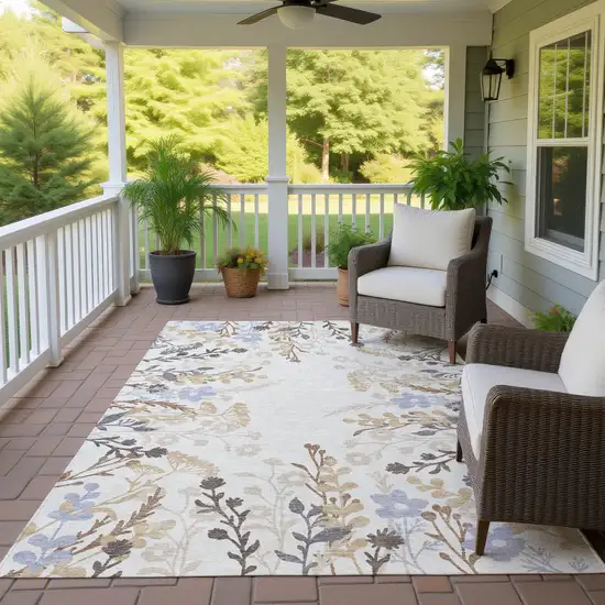 Ivory Khaki And Gray Floral Washable Indoor Outdoor Area Rug Photo 9