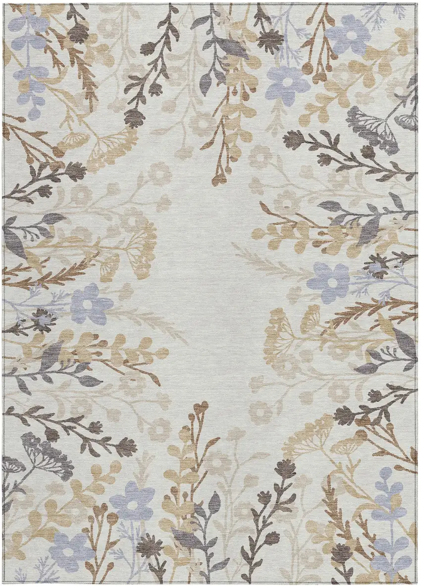Ivory Khaki And Gray Floral Washable Indoor Outdoor Area Rug Photo 4