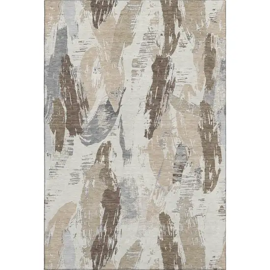 Ivory Khaki And Taupe Abstract Washable Area Rug With UV Protection Photo 1