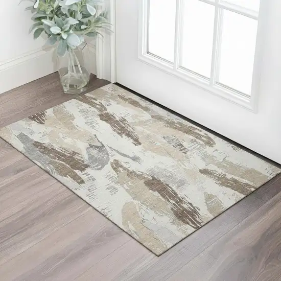 Ivory Khaki And Taupe Abstract Washable Area Rug With UV Protection Photo 2