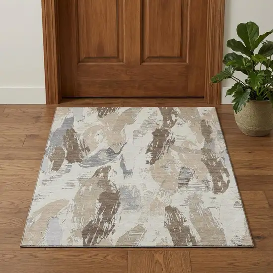 Ivory Khaki And Taupe Abstract Washable Area Rug With UV Protection Photo 1