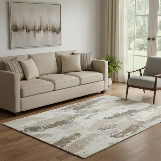 Ivory Khaki And Taupe Abstract Washable Area Rug With UV Protection Photo 2