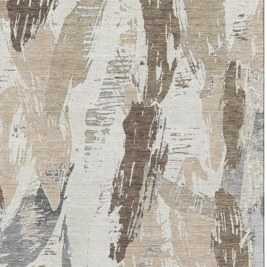 Ivory Khaki And Taupe Abstract Washable Area Rug With UV Protection Photo 3