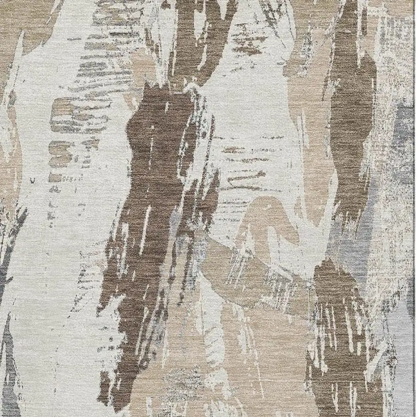 Ivory Khaki And Taupe Abstract Washable Area Rug With UV Protection Photo 2