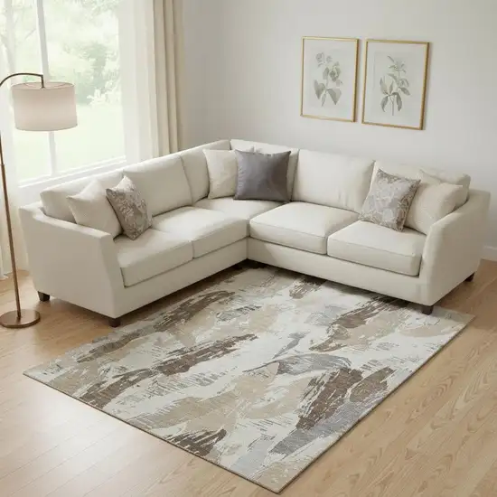 Ivory Khaki And Taupe Abstract Washable Area Rug With UV Protection Photo 2