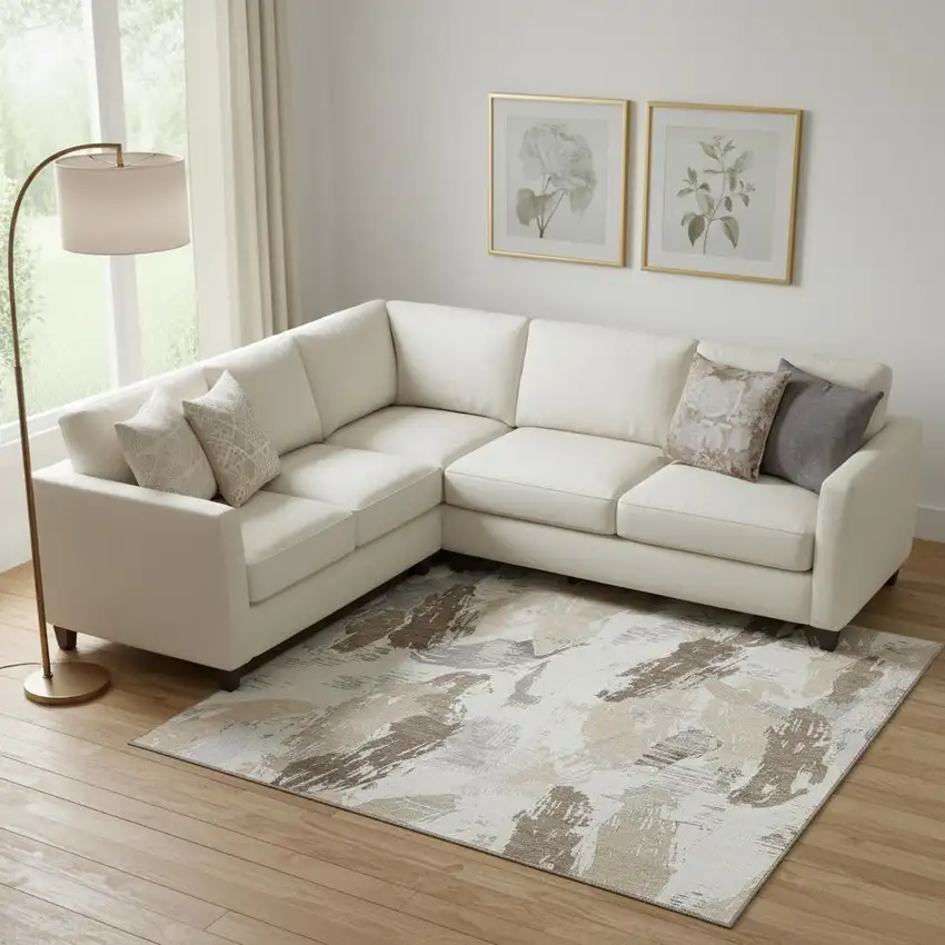 Ivory Khaki And Taupe Abstract Washable Area Rug With UV Protection Photo 2