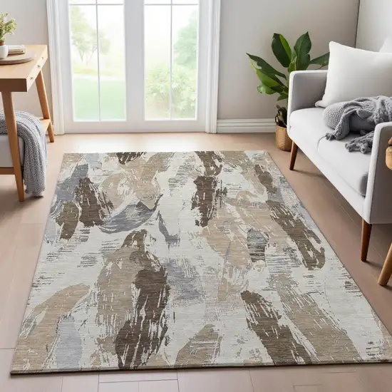 Ivory Khaki And Taupe Abstract Washable Area Rug With UV Protection Photo 4
