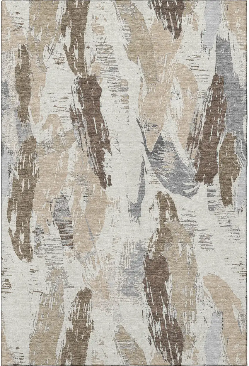 Ivory Khaki And Taupe Abstract Washable Area Rug With UV Protection Photo 2