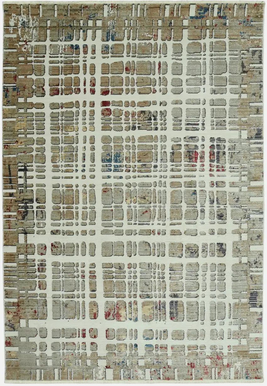 Ivory Khaki Distressed Plaid Area Rug Photo 1