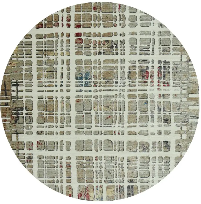 8' Ivory Red And Blue Abstract Round Rug Photo 2