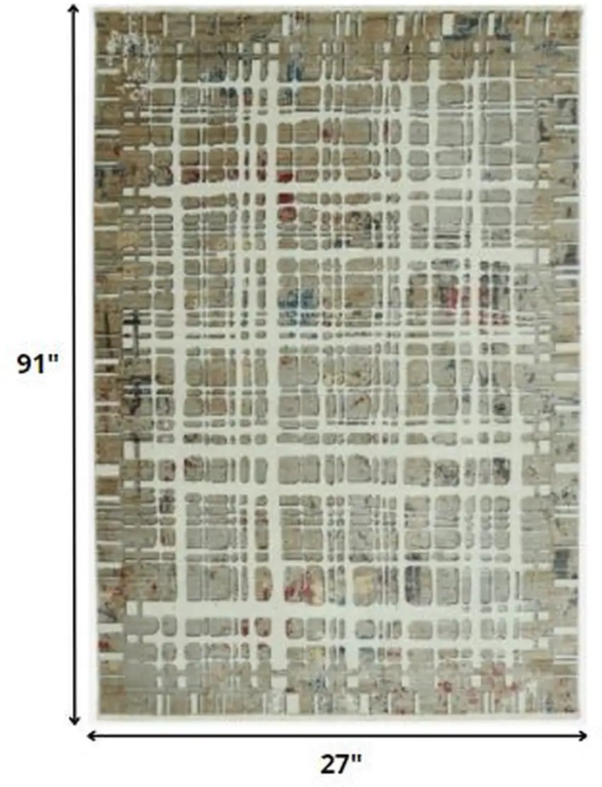 Ivory Khaki Distressed Plaid Runner Rug Photo 4