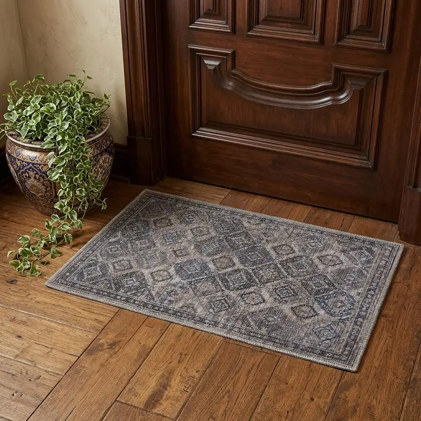 Ivory Latte Oriental Power Loom Distressed Washable Area Rug Photo 1