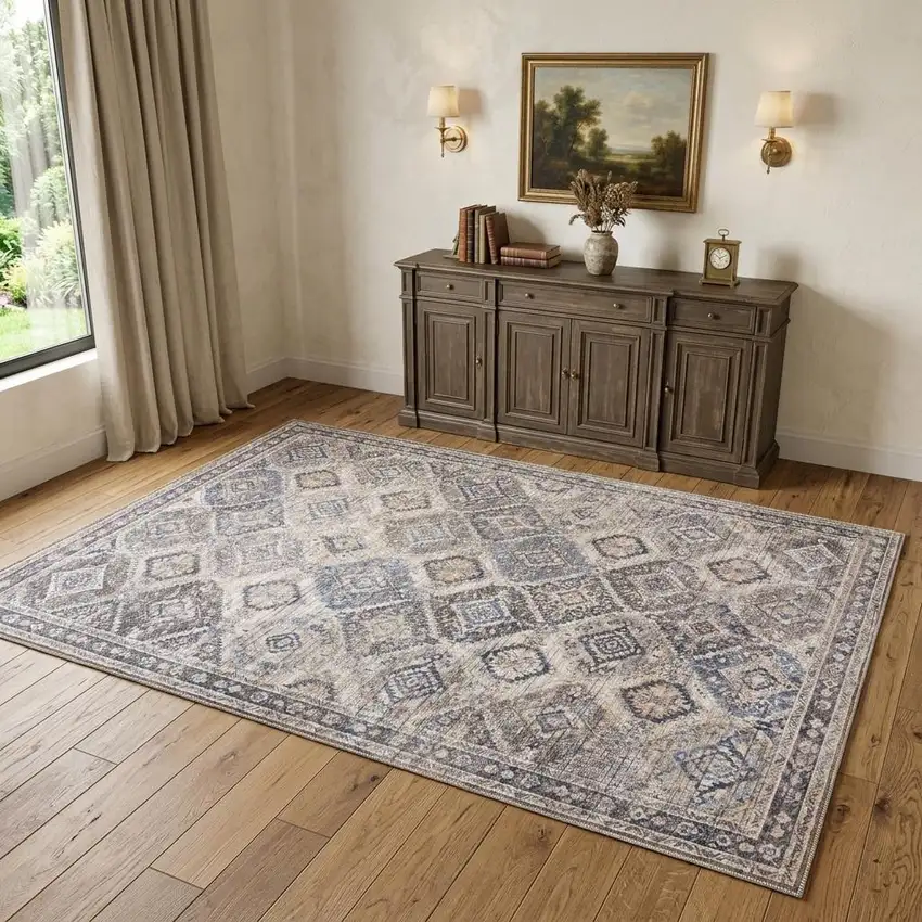 Ivory Latte Oriental Power Loom Distressed Washable Area Rug Photo 1