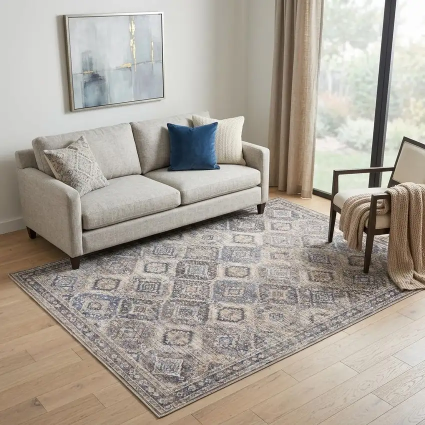 Ivory Latte Oriental Power Loom Distressed Washable Area Rug Photo 1