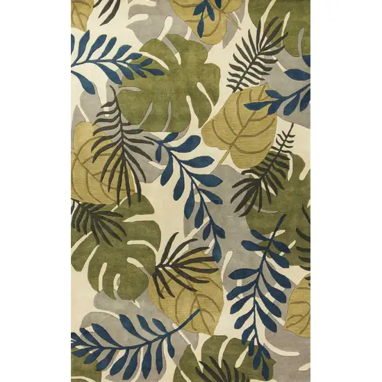 Ivory Green And Blue Wool Botanical Leaves Hand Tufted Area Rug Photo 5