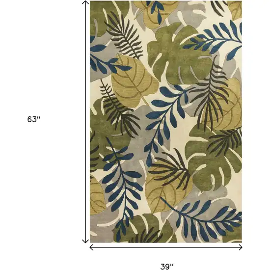 Ivory Green And Blue Wool Botanical Leaves Hand Tufted Area Rug Photo 3