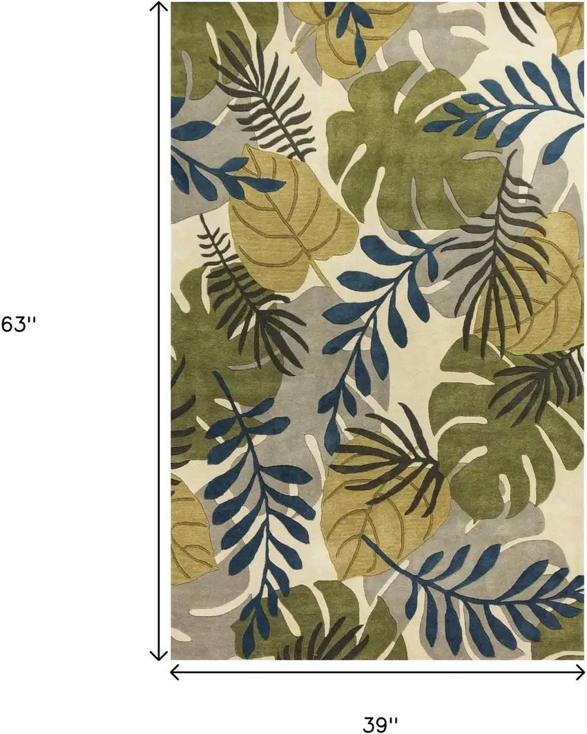 Ivory Green And Blue Wool Botanical Leaves Hand Tufted Area Rug Photo 3