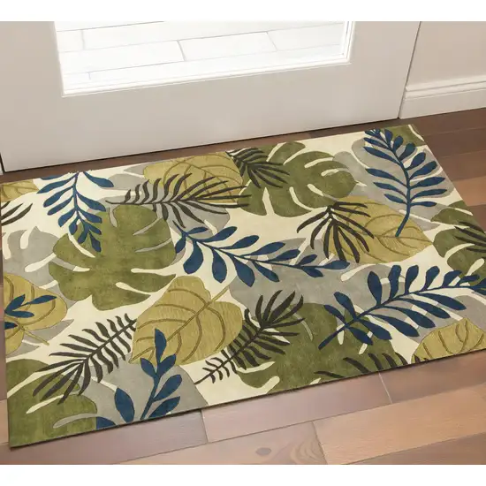 Ivory Green And Blue Wool Botanical Leaves Hand Tufted Area Rug Photo 1