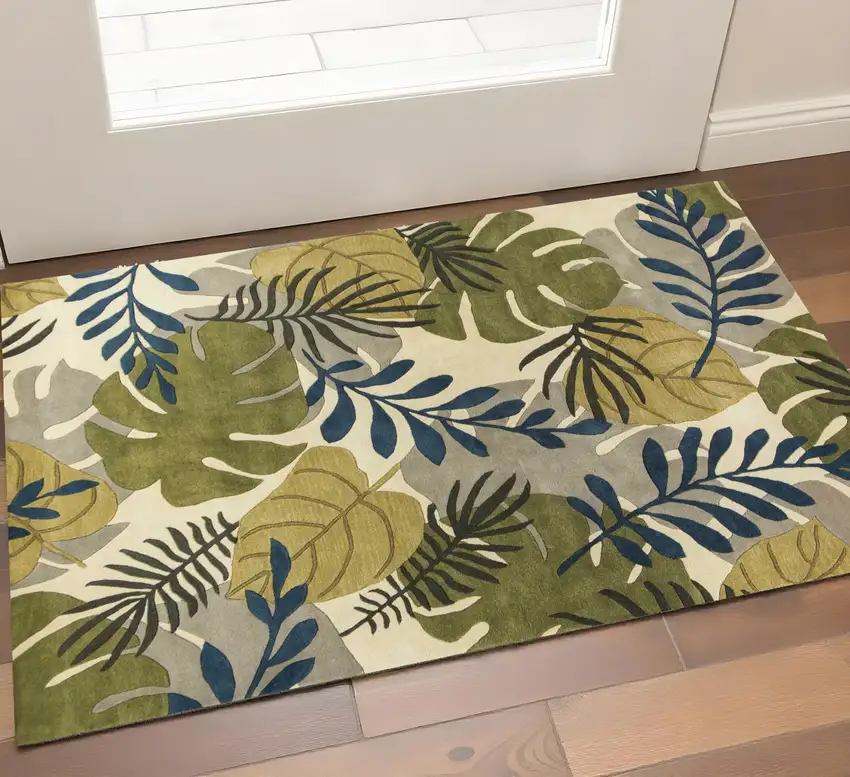 Ivory Green And Blue Wool Botanical Leaves Hand Tufted Area Rug Photo 1