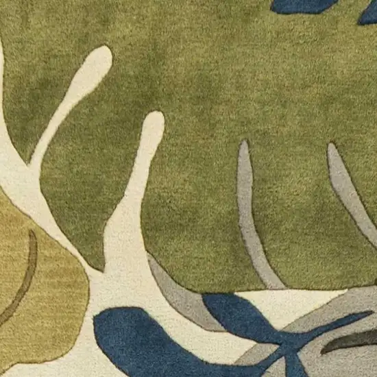 Ivory Green And Blue Wool Botanical Leaves Hand Tufted Area Rug Photo 8
