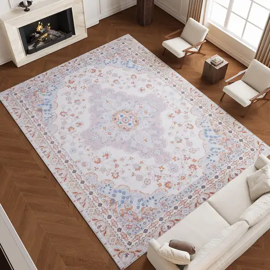 Ivory Light Blue And Peach Medallion Distressed Washable Area Rug Photo 6