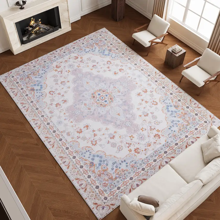 Ivory Light Blue And Peach Medallion Distressed Washable Area Rug Photo 6